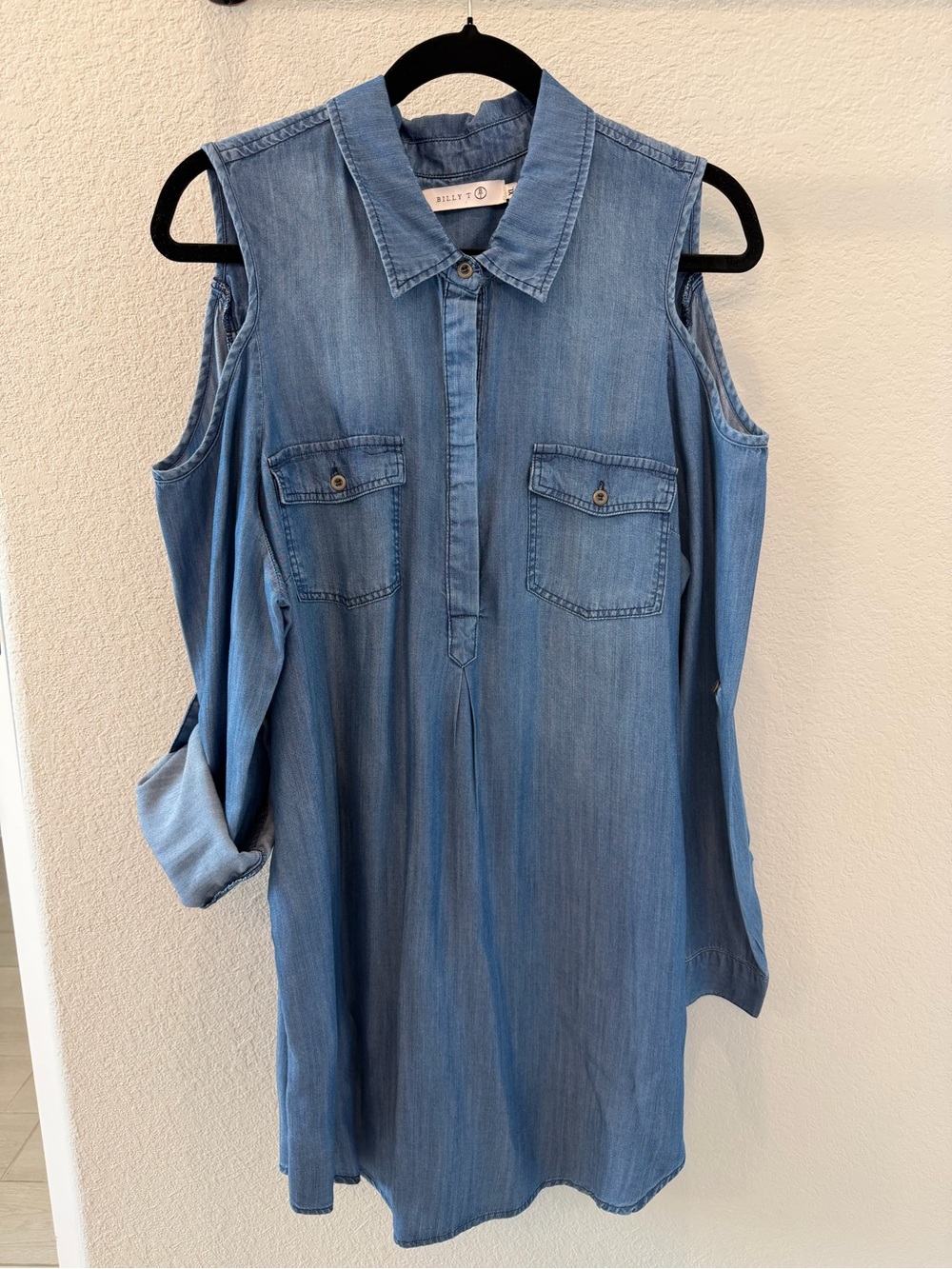 Cold Shoulder Chambray Shirt Dress - Blue